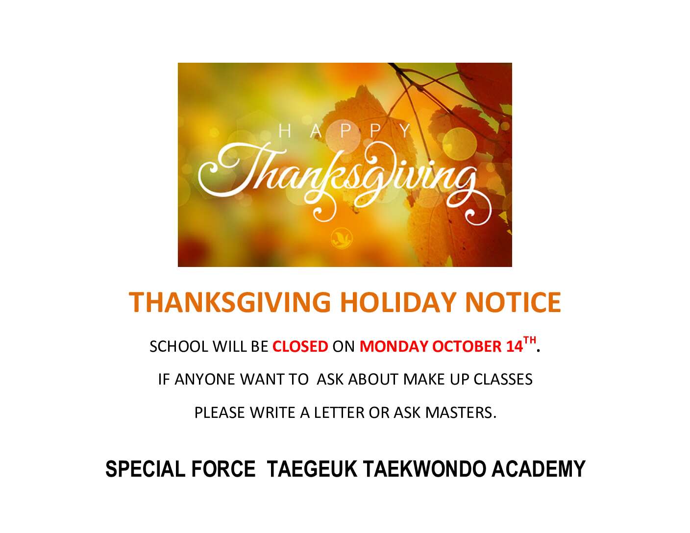 THANKSGIVING HOLIDAY NOTICE