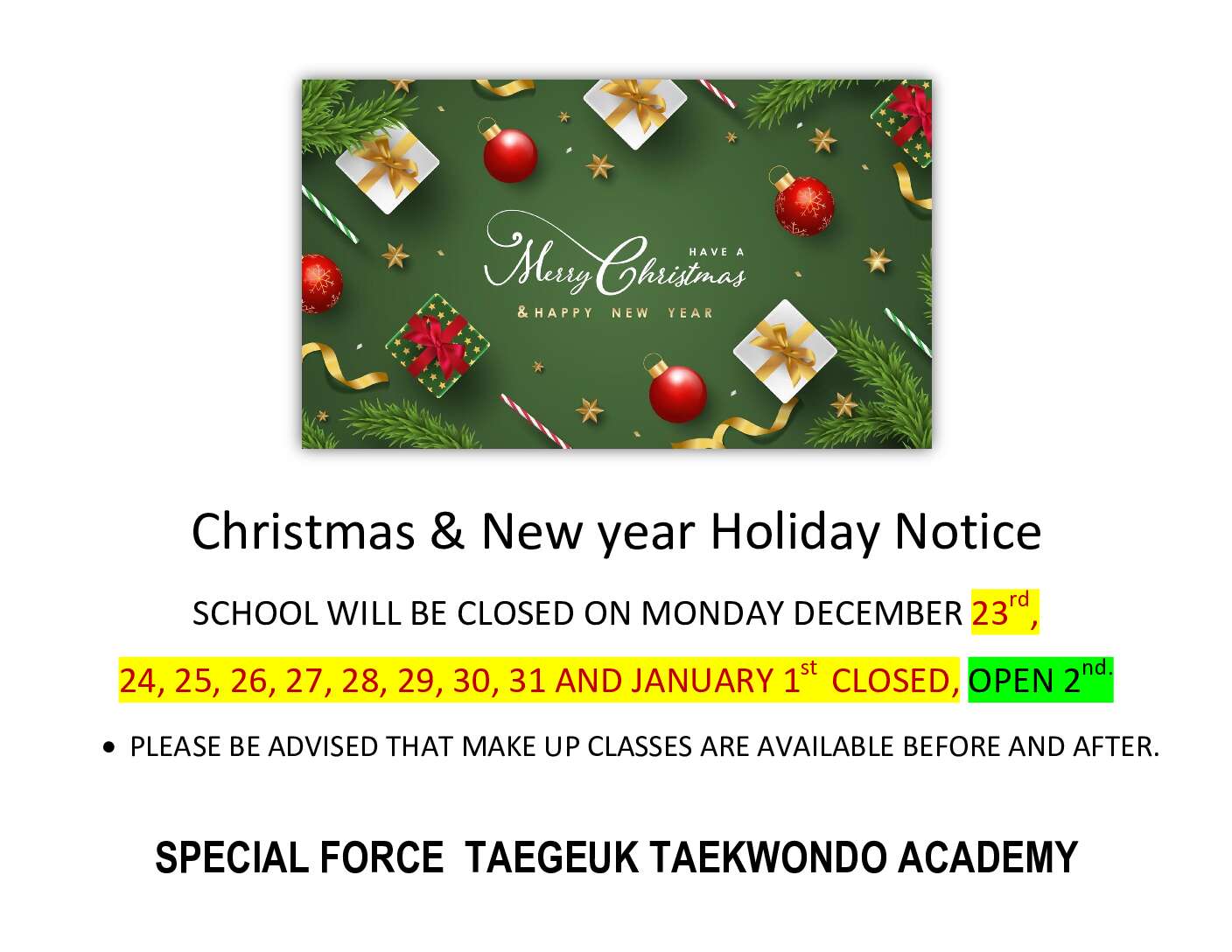 Christmas & New Year Holiday Notice