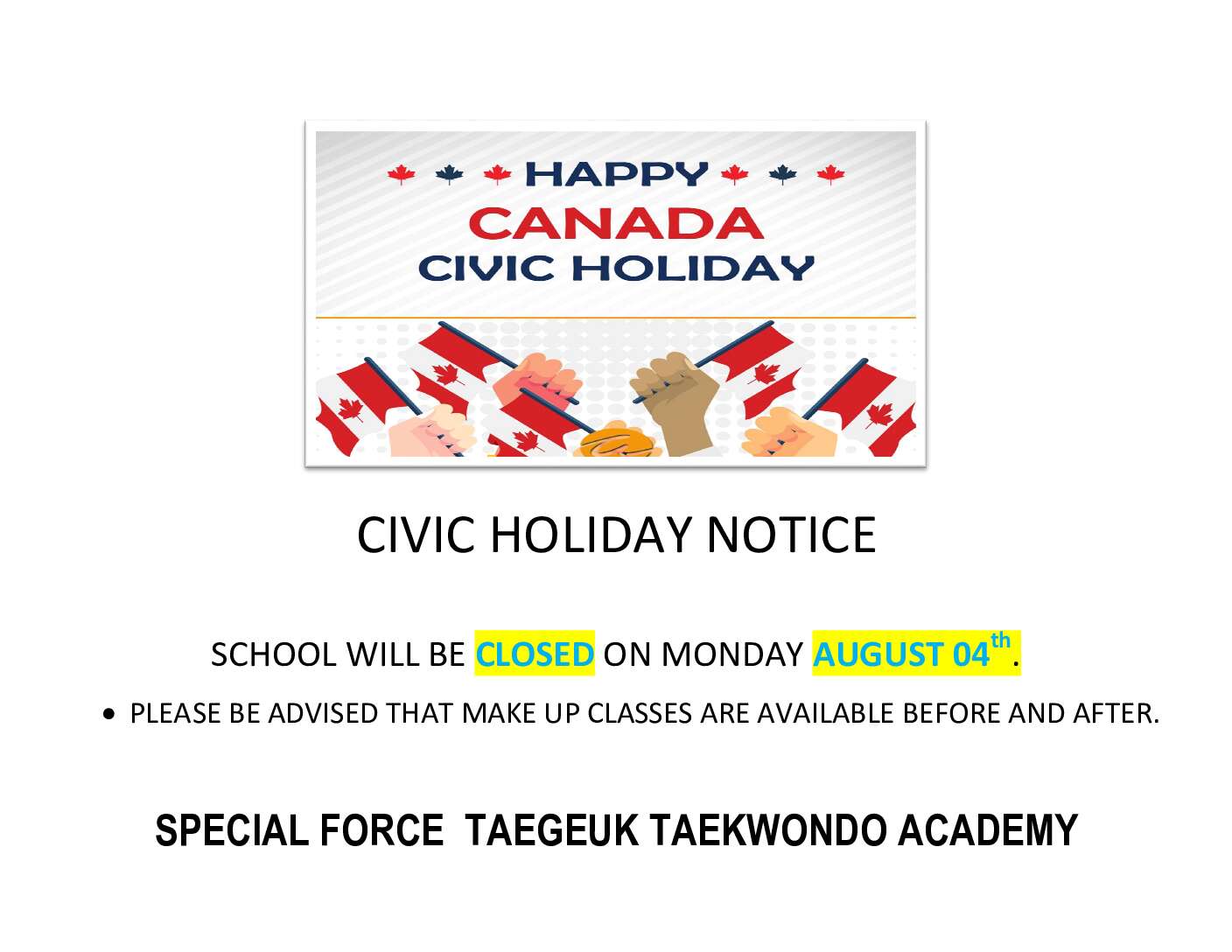 CIVIC HOLIDAY NOTICE
